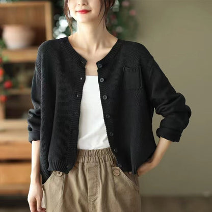 Damen Strickjacke Offene Front Dekorative Knöpfe Beige