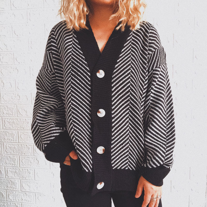 Damen Strickjacke Chevron Muster Knopfverschluss Norvielle - Norvielle