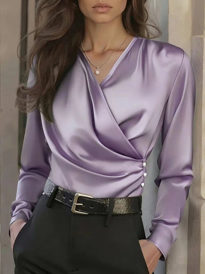Damen Wickelbluse Satin Knöpfe Elegant Beige