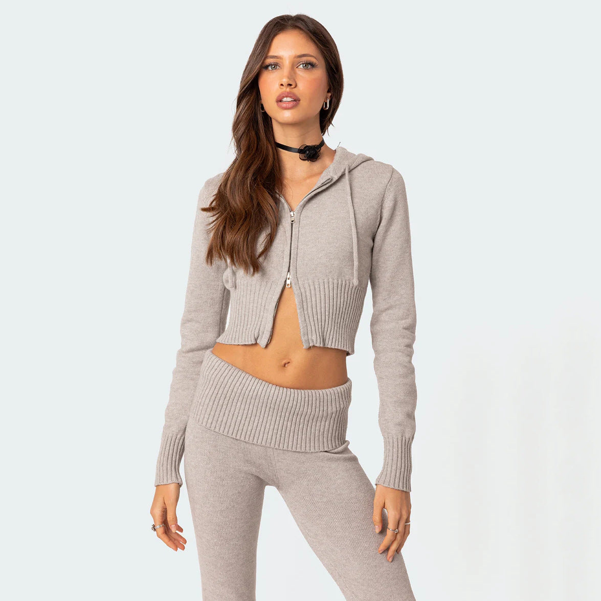 Damen Strickanzug Cropped Hoodie Weite Hose Bequem Norvielle