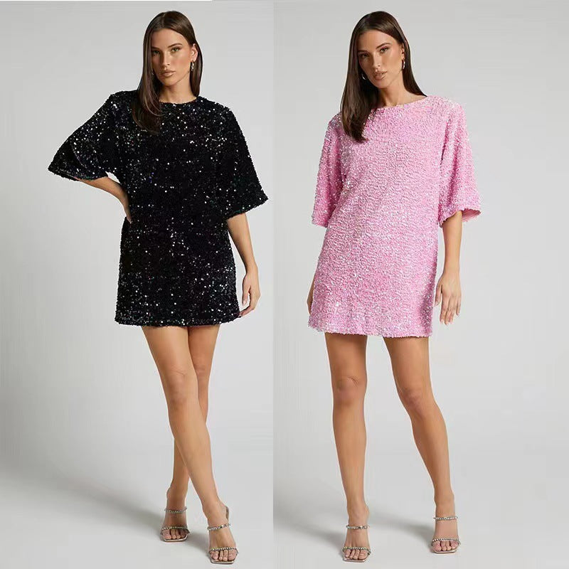 Damen Minikleid Pailletten Weite Ärmel Schwarz Norvielle - Norvielle
