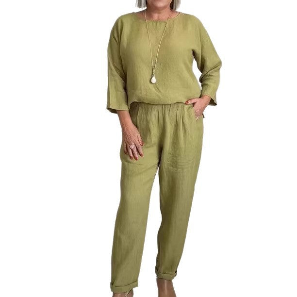 Damen Leinen-Set Weites Oberteil Bequeme Hose Beige