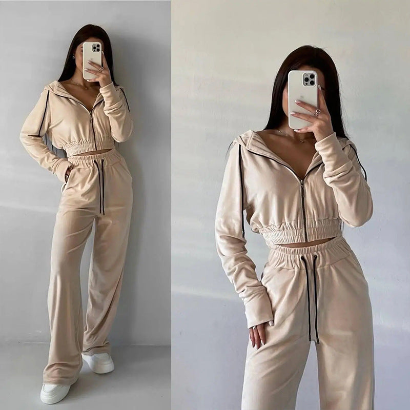 Damen Velours Hoodie Set Cropped mit Jogginghose Norvielle