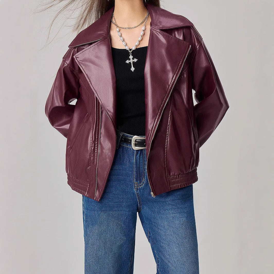 Damen Kunstlederjacke Oversized Reißverschluss Schwarz - Norvielle