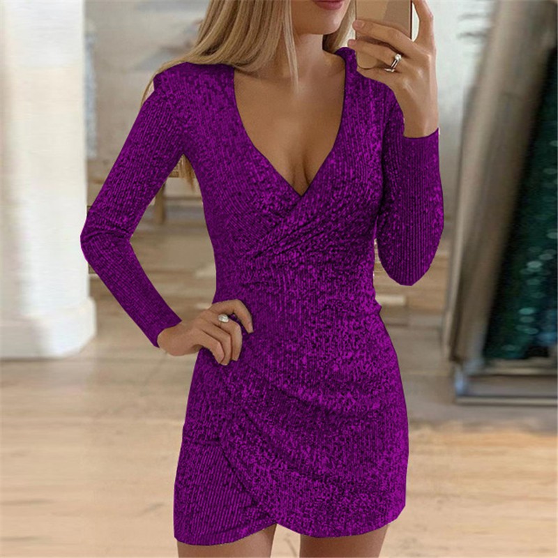 Damen Wickelkleid Glitzernd V-Ausschnitt Lange Ärmel