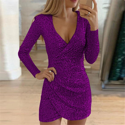 Damen Wickelkleid Glitzernd V-Ausschnitt Lange Ärmel