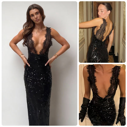 Damen Spitzenkleid Glitzernd V-Ausschnitt Figurbetont Schwarz - Norvielle