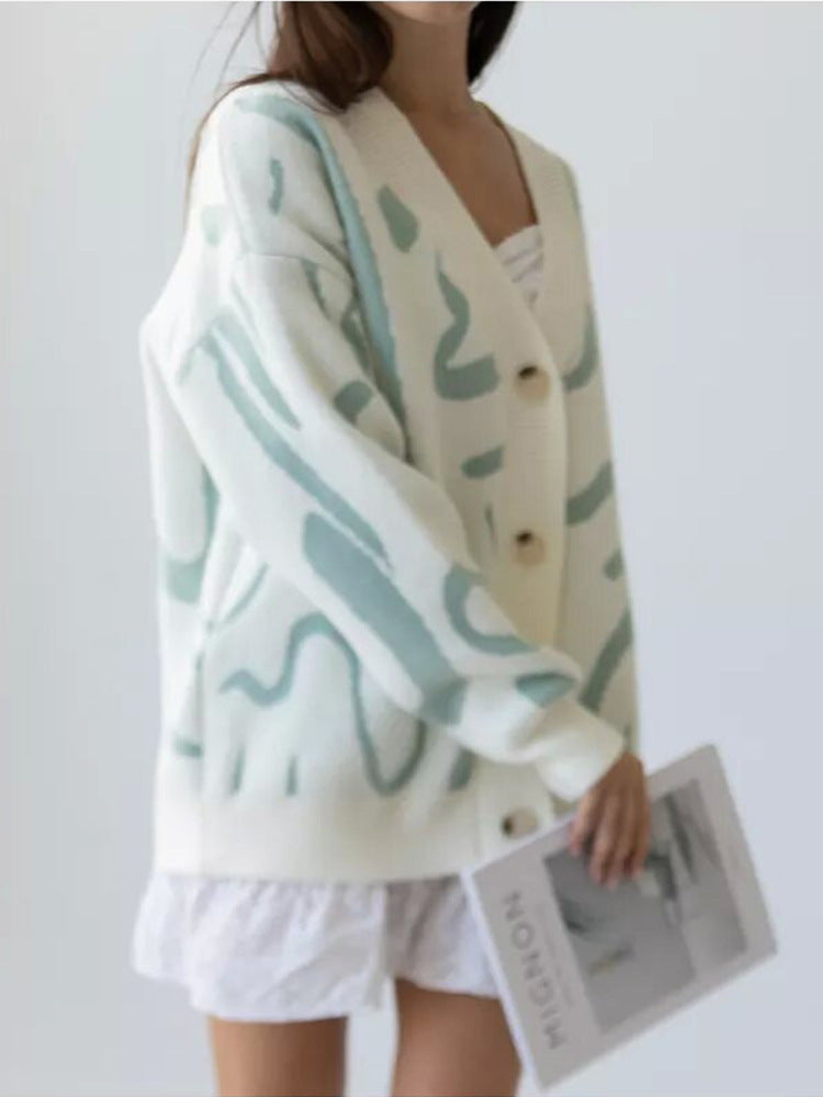 Damen Strickjacke Modernes Muster Elegante Knöpfe