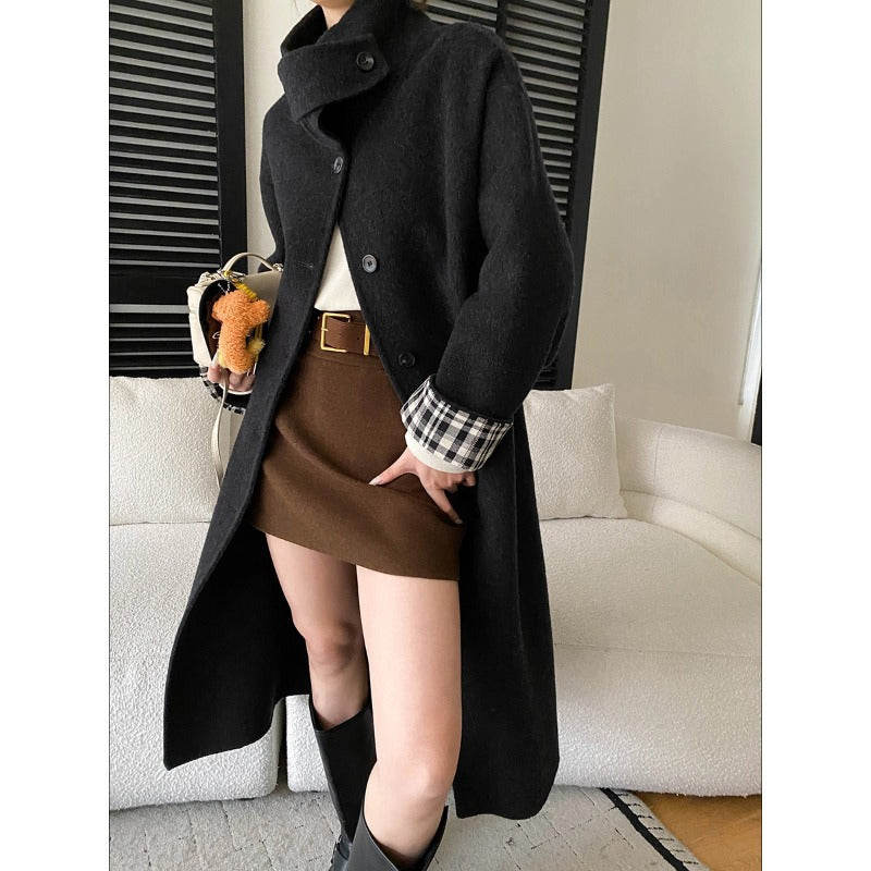 Damen Wollmantel Karo Akzent Hohes Knopfdesign Schwarz - Norvielle