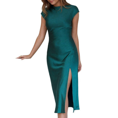Damen Elegantes Midi-Kleid Satin Stehkragen