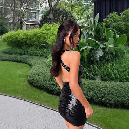 Damen Minikleid Glitzernd Schimmernd Racerback Design