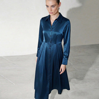 Damen Hemdblusenkleid Seide Glänzend Midi