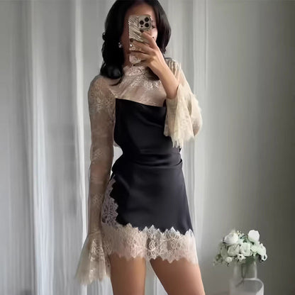 Damen Abendkleid Chiffon Elegant Spitzendetails Ärmel