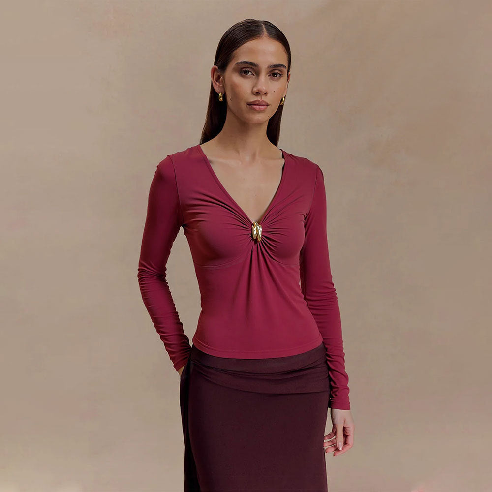 Damen Oberteil V-Ausschnitt mit Knotendetail Elegantes Design - Norvielle