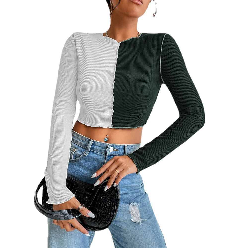 Damen Langarmshirt Cropped 2-Töner Rippdesign