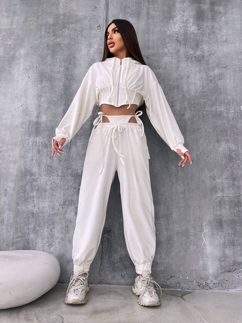 Damen Sportliches Velours-Cropped-Set mit Reißverschluss und