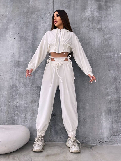 Damen Sportliches Velours-Cropped-Set mit Reißverschluss und