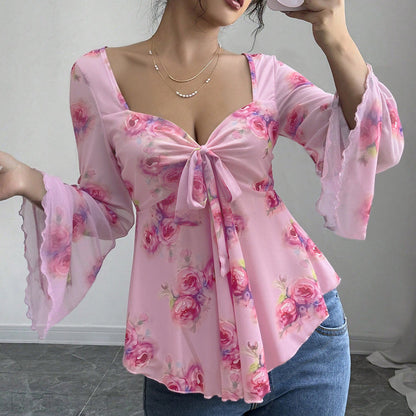 Damen Bluse Fließendes Blusen-Shirt Florales Design Verspielter Knoten