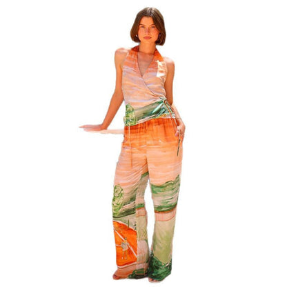Damen Jumpsuit V-Ausschnitt Seidenbindegürtel Norvielle