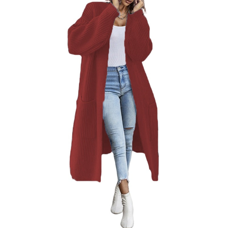 Damen Grobstrick-Cardigan Offenes Frontdesign Mit Taschen Beige