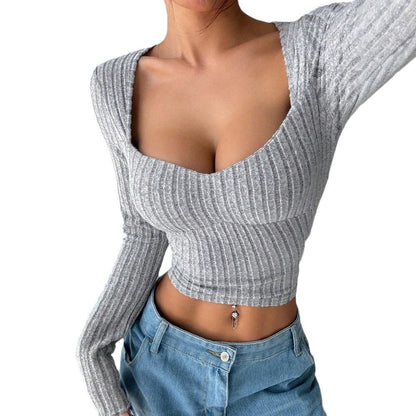 Damen Langarm Crop- Rippstruktur V-Ausschnitt Norvielle