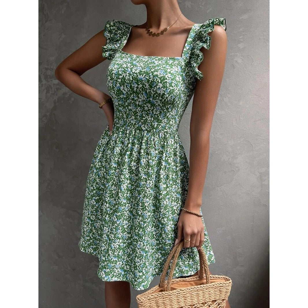 Damen Sommerkleid Rüschendetails Quadrat-Ausschnitt Norvielle