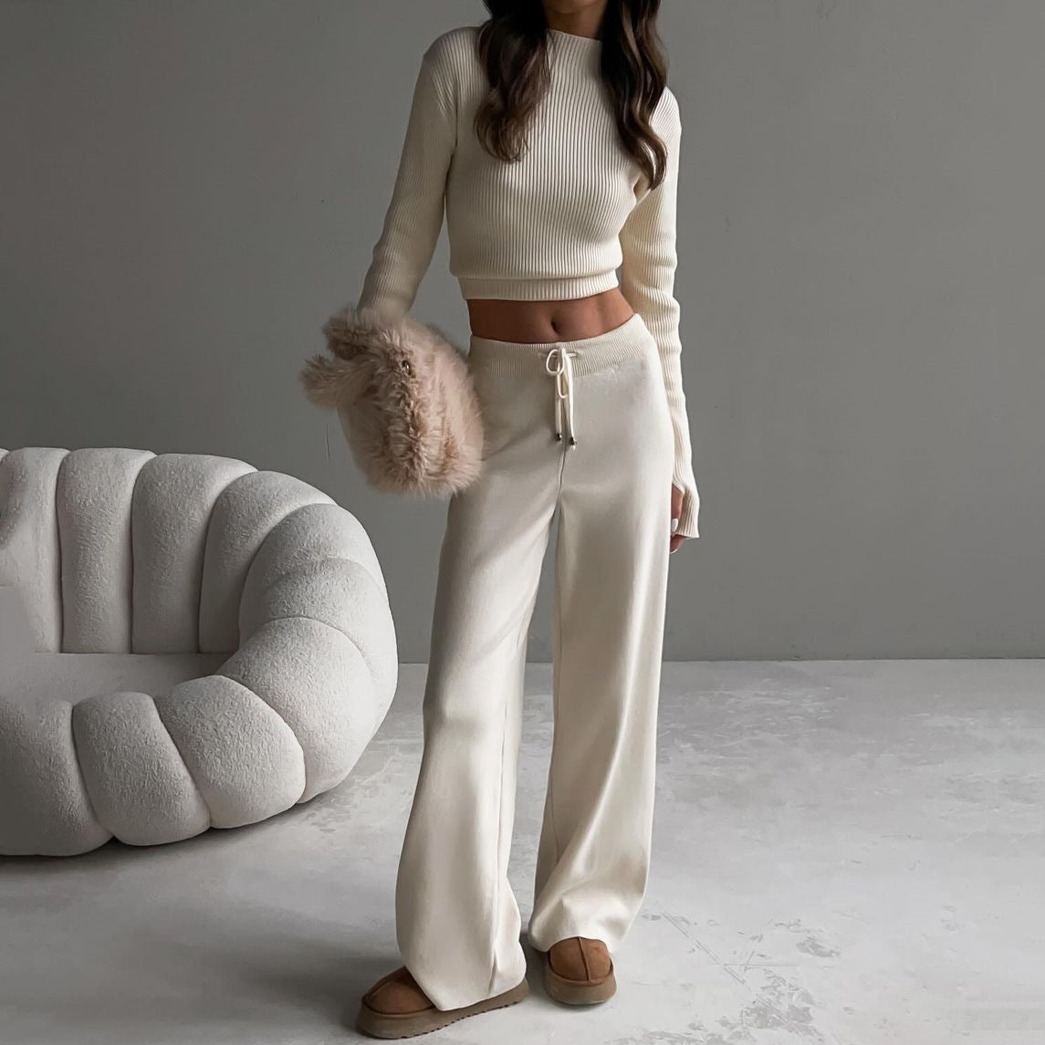 Damen Strick-Loungewear Set Cropped Oberteil Weite Hose Beige