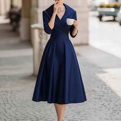 Damen Midikleid Wickelausschnitt Raffung Elegantes Design