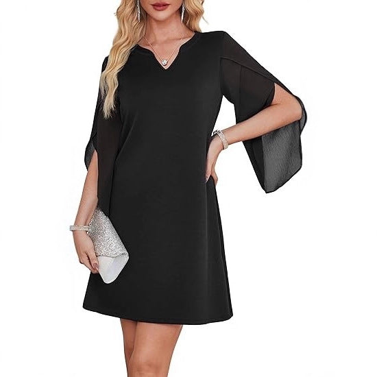 Damen V-Ausschnitt Kleid Durchsichtige Ärmel Norvielle - Norvielle