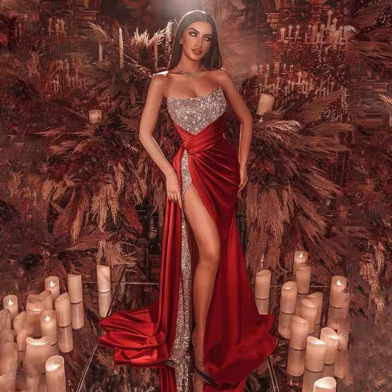 Damen Maxikleid mit Glitzeroberteil und hohem Beinschlitz Schwarz - Norvielle