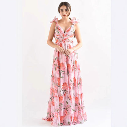 Damen Maxikleid Blumenmuster Rüschen Details Norvielle - Norvielle