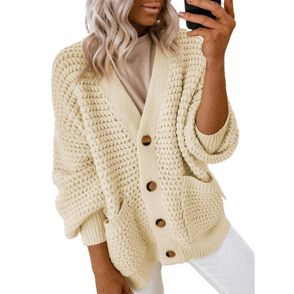 Damen Strickjacke Dickstrick Knopfverschluss Beige - Norvielle