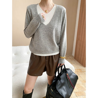 Damen Pullover V-Ausschnitt Weiches Material Feine Rippstruktur Beige - Norvielle