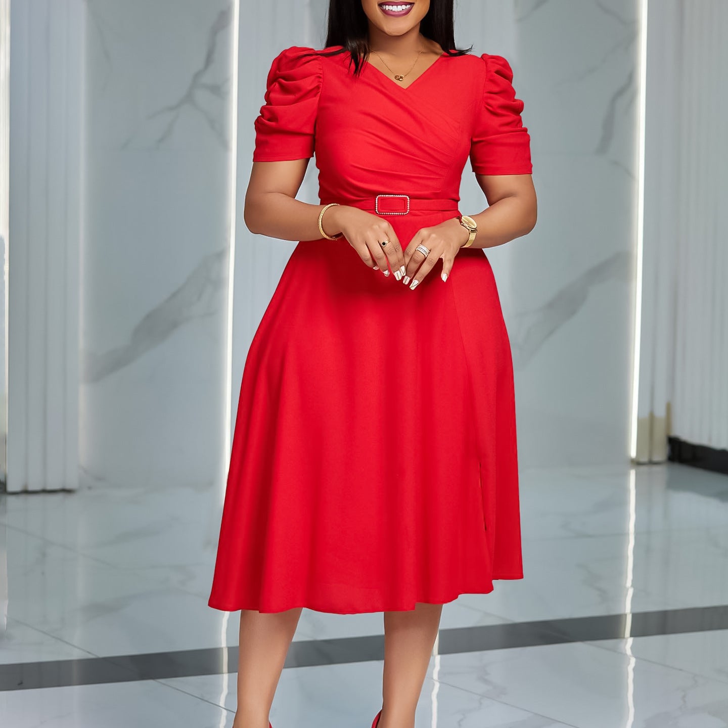 Damen Midi-Kleid Puffärmel Taillierter Gürtel - Norvielle