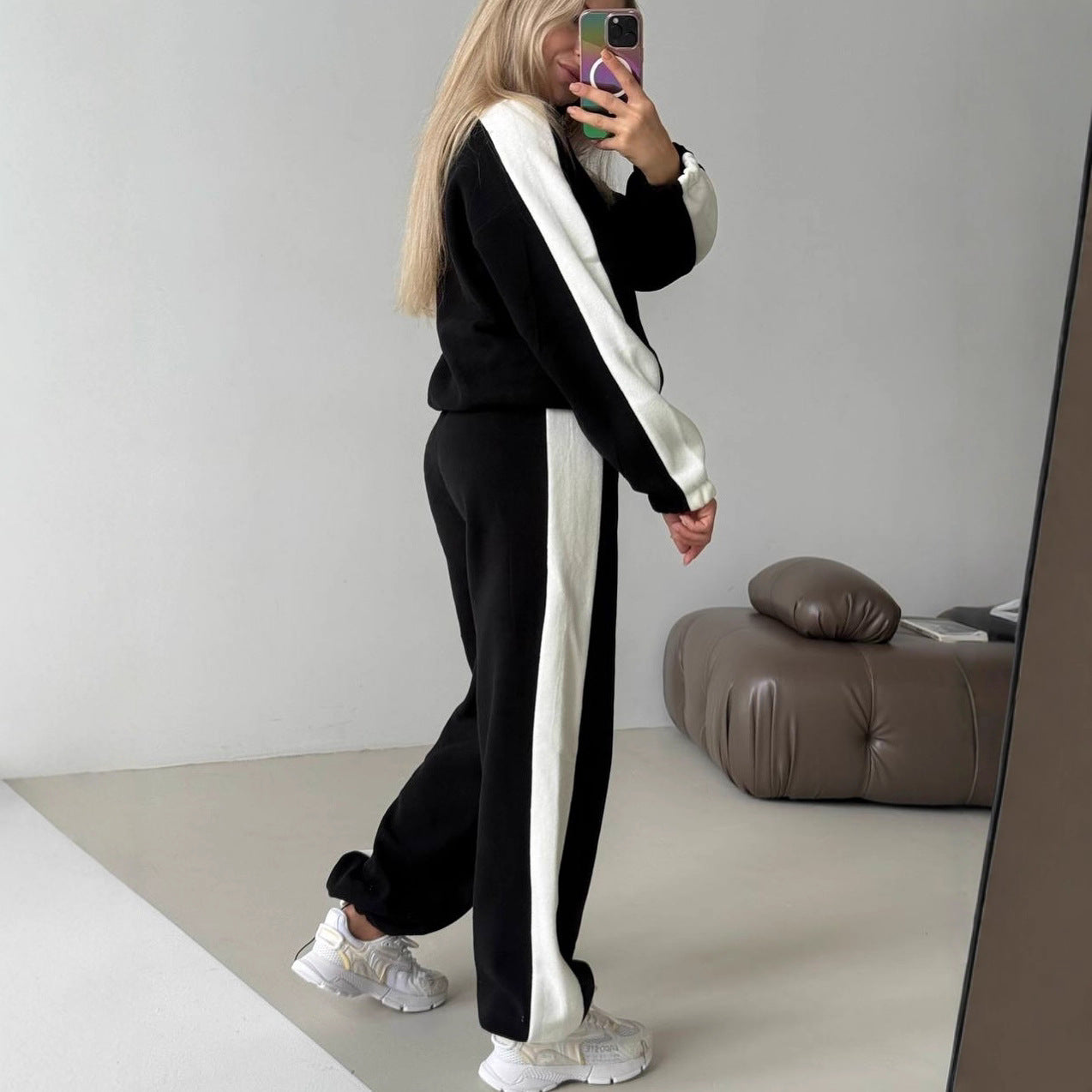 Damen Fleece-Jogginganzug Sportlich Hochkragen Seitliche Streifen