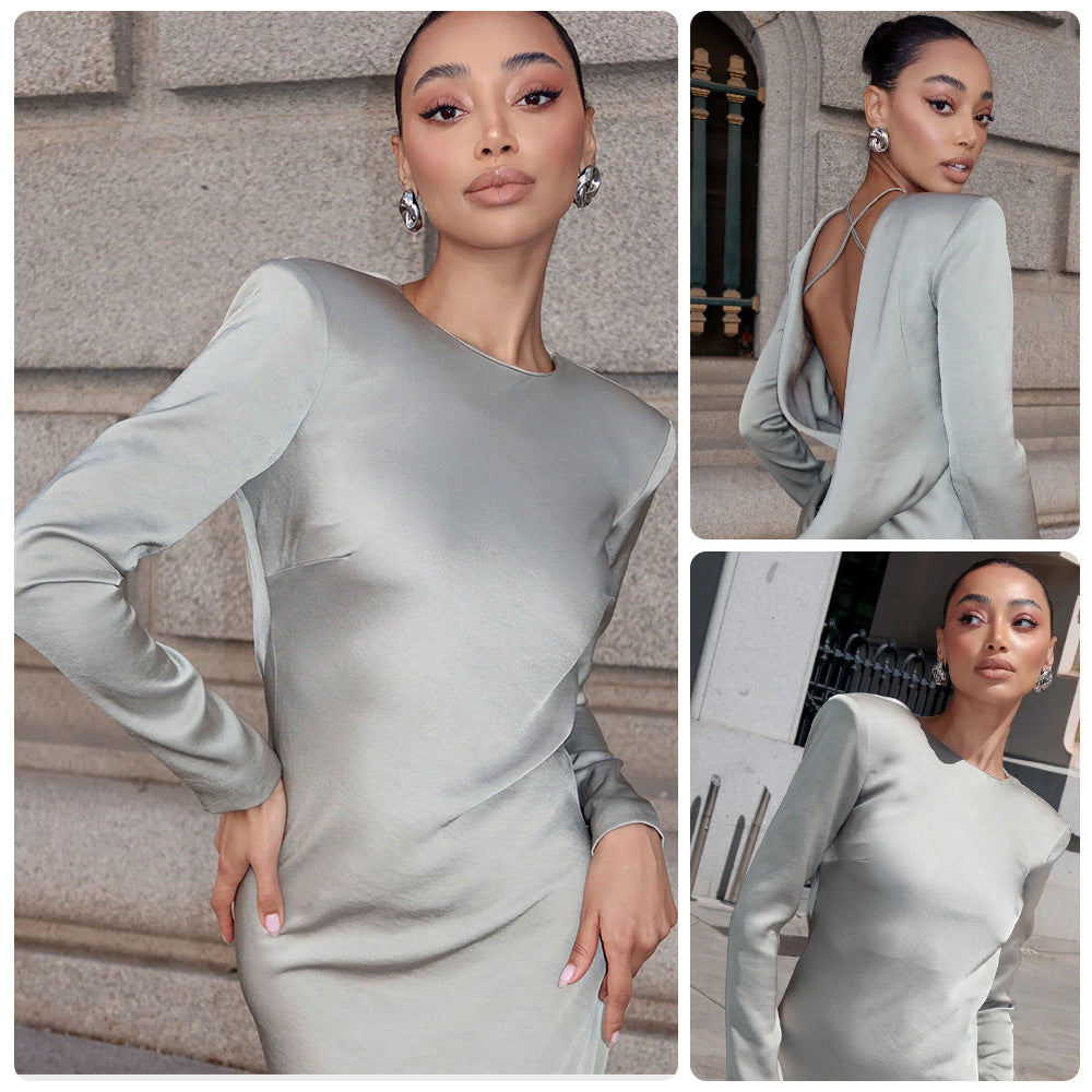 Damen Langarmkleid Satin Glänzend Figurbetonter Schnitt Schwarz - Norvielle