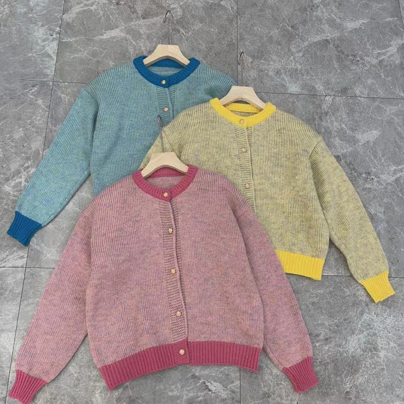 Damen Strickjacke Farbiger Bund Knöpfe Norvielle