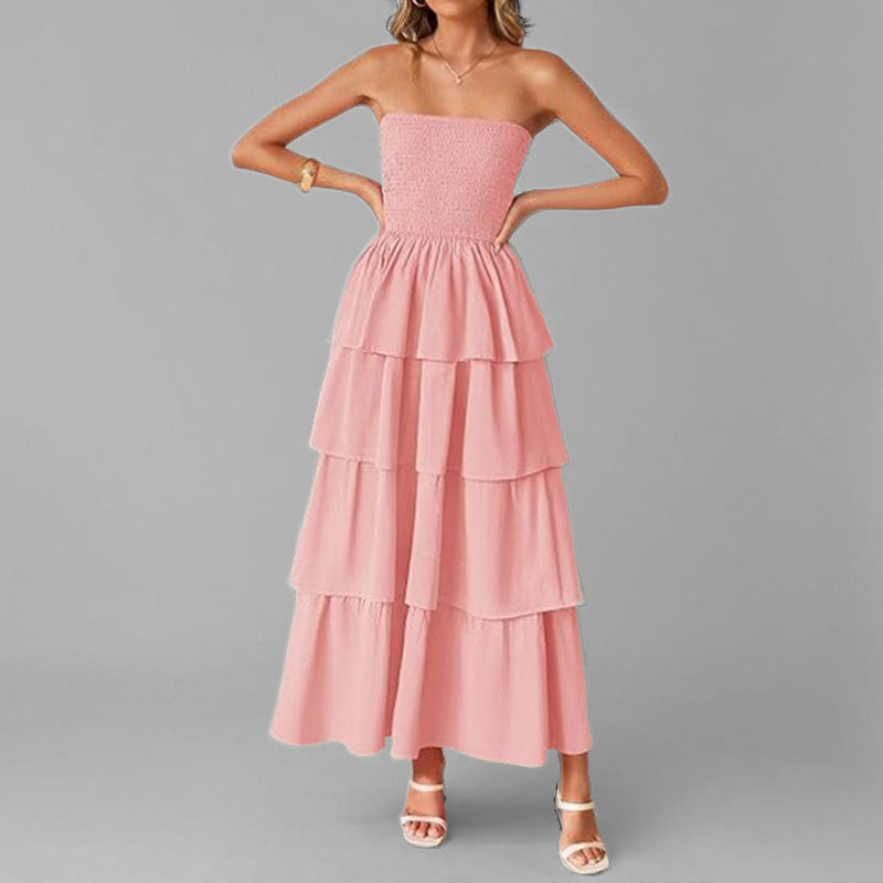 Damen Maxikleid Schulterfrei Voluminöse Rüschen