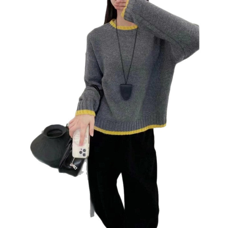 Damen Strickpullover Weich Kontrastbündchen Norvielle