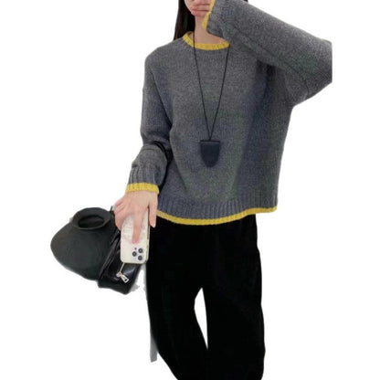 Damen Strickpullover Weich Kontrastbündchen Norvielle
