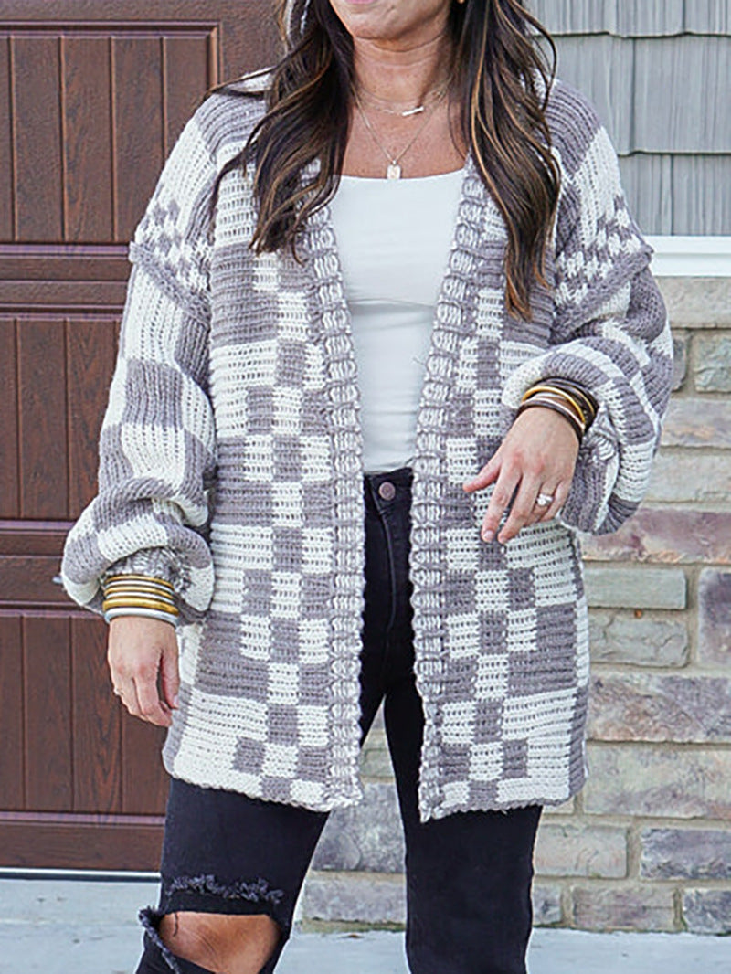 Damen Strickjacke Karomuster Weite Ärmel Beige