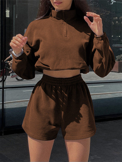 Damen Sportoberteil Cropped Kapuzenpulli mit kurzen Hosen