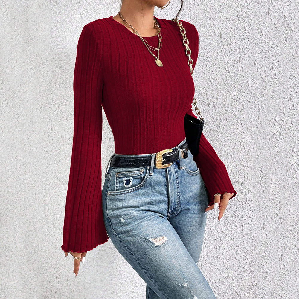 Damen Langarmshirt Rippdesign Ausgestellte Ärmel Norvielle