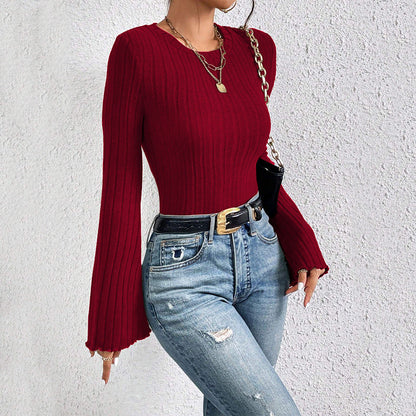 Damen Langarmshirt Rippdesign Ausgestellte Ärmel Norvielle