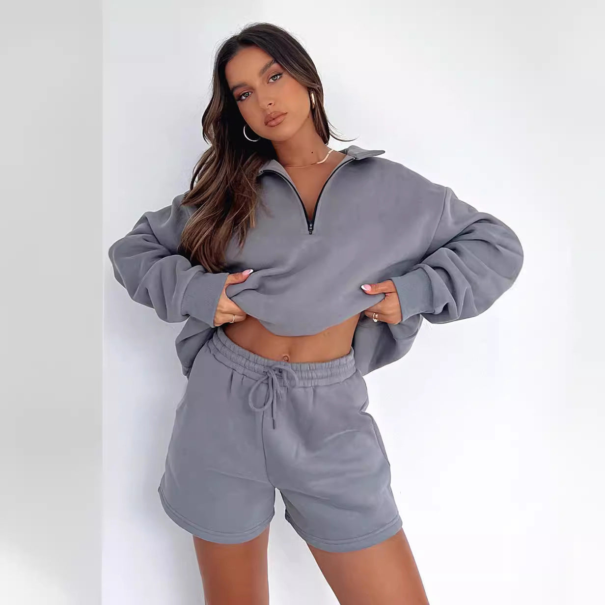 Damen Sweatpullover Kurz Hose Reißverschluss Norvielle