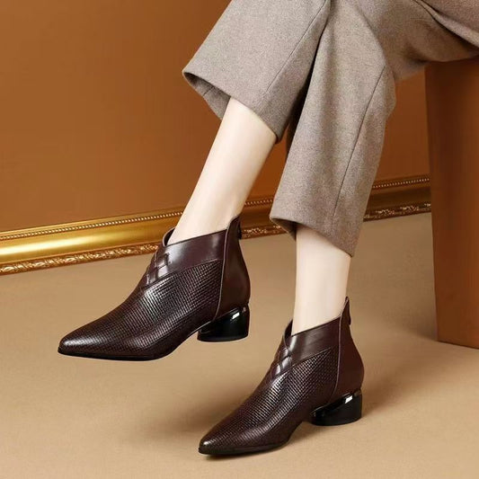 Damen Stiefeletten Leder Spitze Zehen Niedriger Blockabsatz Schwarz - Norvielle