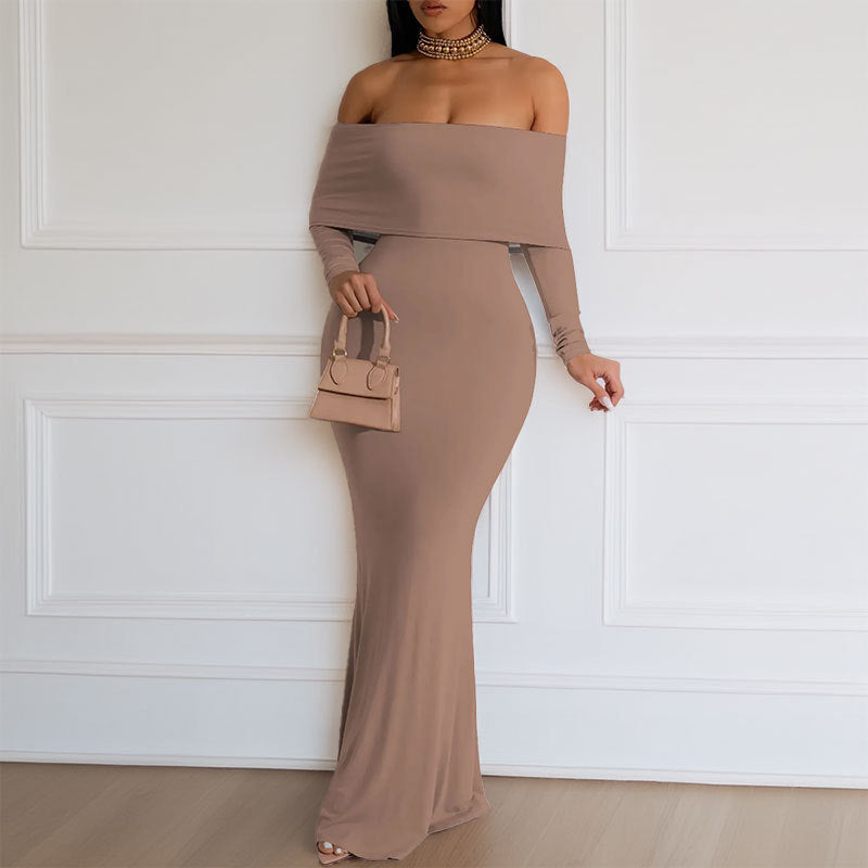 Damen Maxikleid Schulterfrei Langärmlig Norvielle