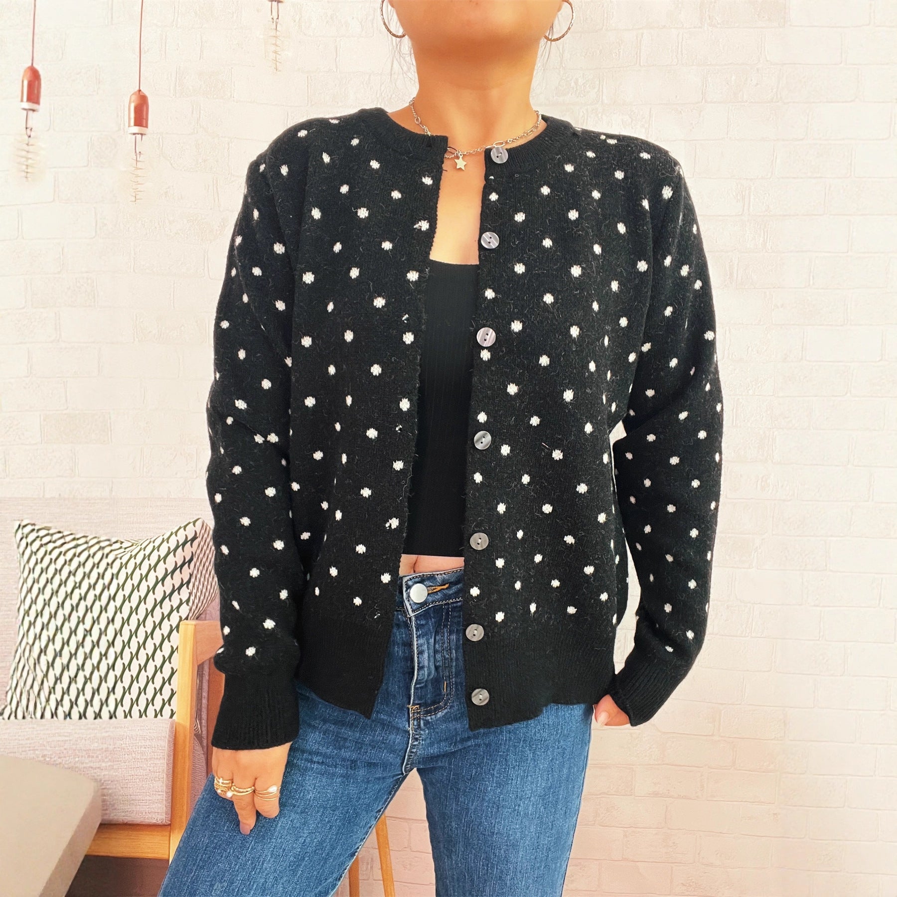 Damen Strickjacke Modern Punkte Knopfleiste Norvielle - Norvielle