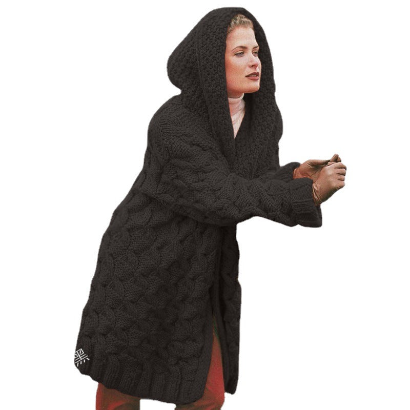 Damen Grobstrick-Cardigan mit Kapuze und Muster