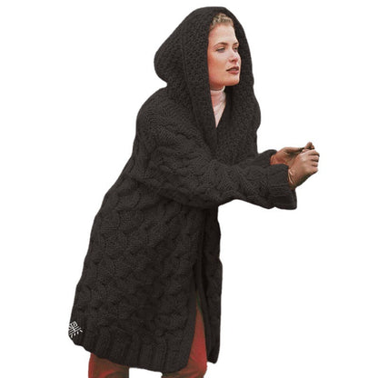 Damen Grobstrick-Cardigan mit Kapuze und Muster